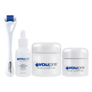 Skin care products including a derma roller and hydration serum from Voupre by Dr. Luchetti.