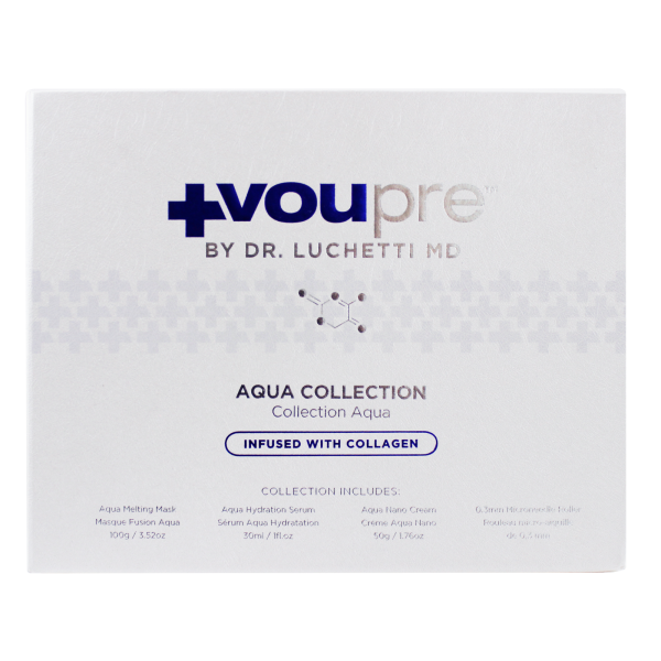 Box of Voupre Aqua Collection by Dr. Luchetti MD, featuring collagen-infused skincare products.