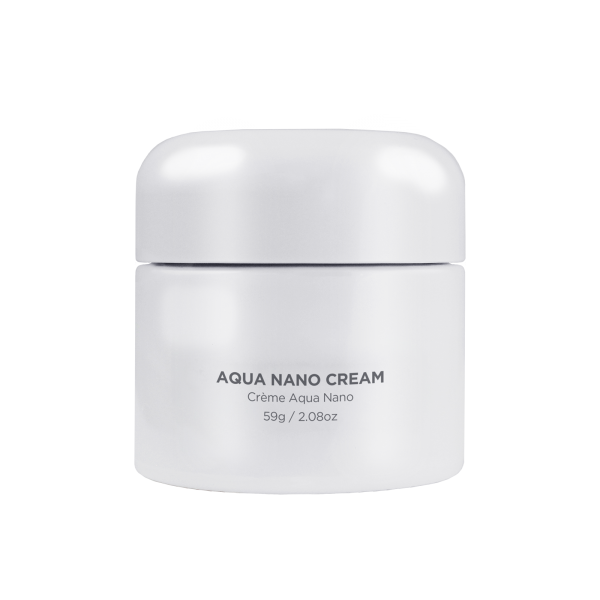 Aqua Nano Cream jar with sleek white design for skincare benefits.