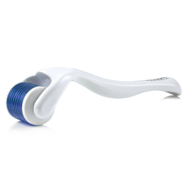 White skincare derma roller with blue therapeutic needles for enhanced skin rejuvenation.