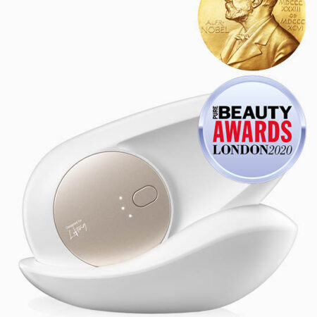 Award-winning beauty device for skincare, featuring Nobel Prize emblem and Pure Beauty Awards 2020 badge.
