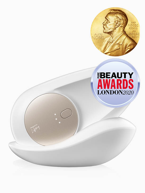 Award-winning beauty device for skincare, featuring Nobel Prize emblem and Pure Beauty Awards 2020 badge.