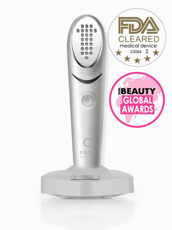FDA-cleared ENEOS device is a class II medical beauty tool, showcased with global award badges.
