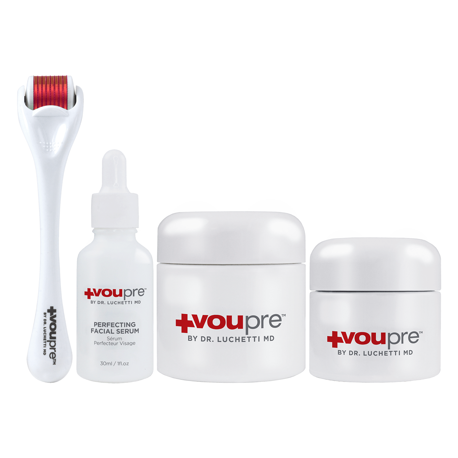 Skin care products including a derma roller and facial serums from Voupre by Dr. Luchetti MD.