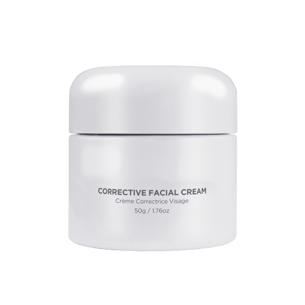 Corrective facial cream in white jar, 50g, perfect for rejuvenating and nourishing skin.
