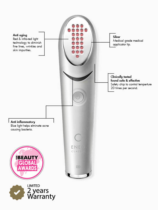 Anti-aging device with red and blue light technology for skin treatment and acne removal.