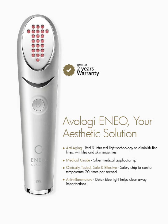 Avologi ENEO device for anti-aging and skin health, featuring red and infrared light technology.