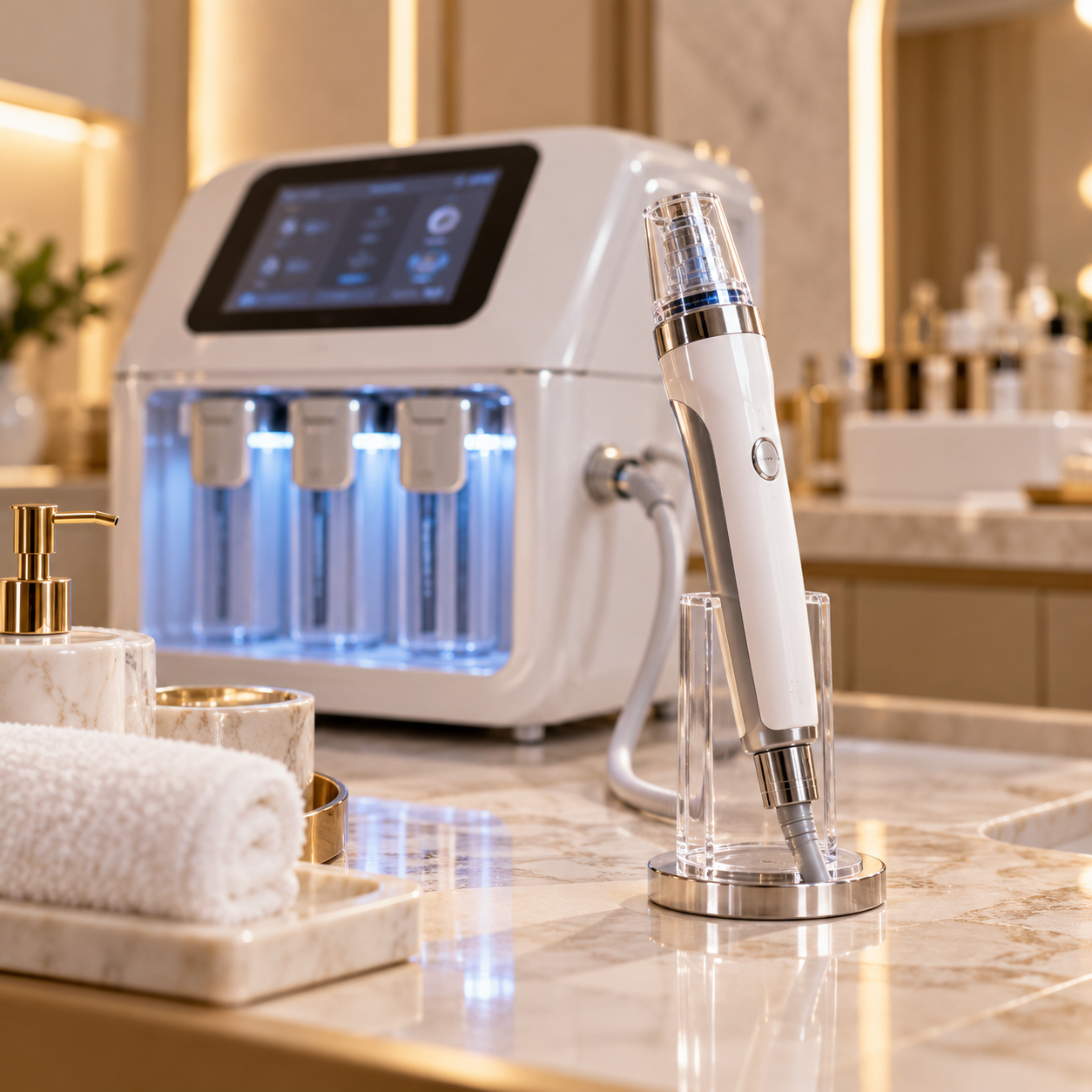 Advanced facial treatment machine and handheld skincare device at Agamé Beauté