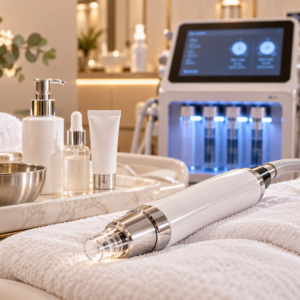 Advanced skin treatment device displayed with professional skincare products at Agamé Beauté