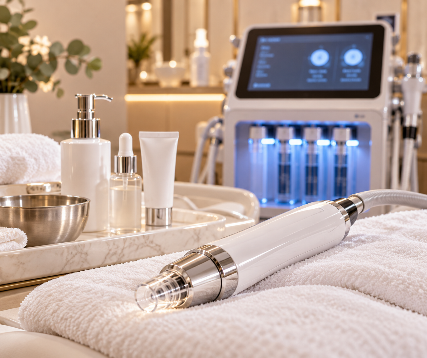 Advanced skin treatment device displayed with professional skincare products at Agamé Beauté