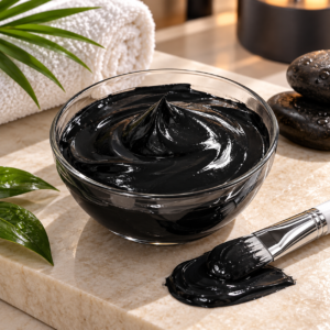 Black facial mask with professional skincare brush prepared for a spa treatment