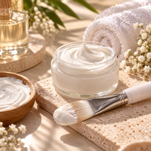Facial cream and skincare brush prepared for a professional facial treatment