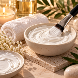Facial mask treatment being prepared with a professional skincare brush