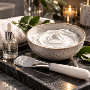 Facial mask cream and professional skincare brush prepared for a spa treatment