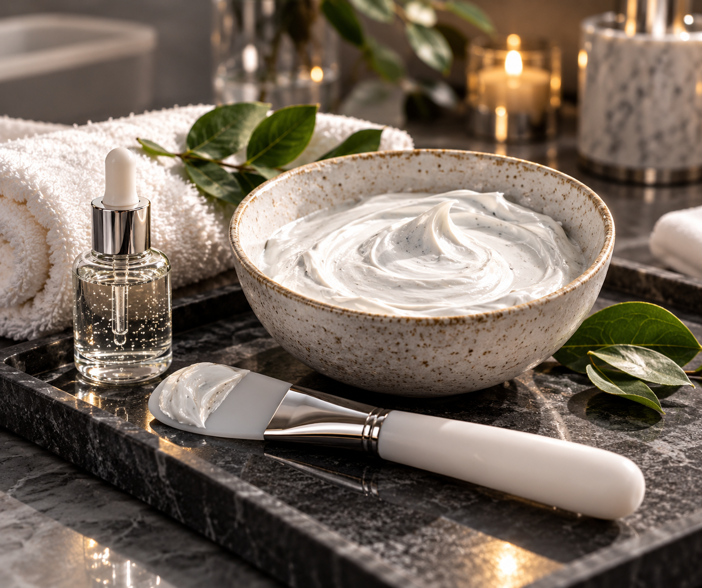 Facial mask cream and professional skincare brush prepared for a spa treatment
