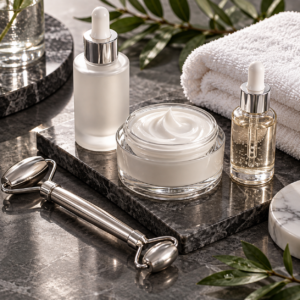Facial skincare products and stainless steel facial massage roller on a spa tray