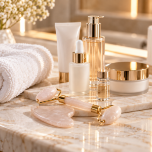 Luxury skincare products and rose quartz facial massage tools at Agamé Beauté