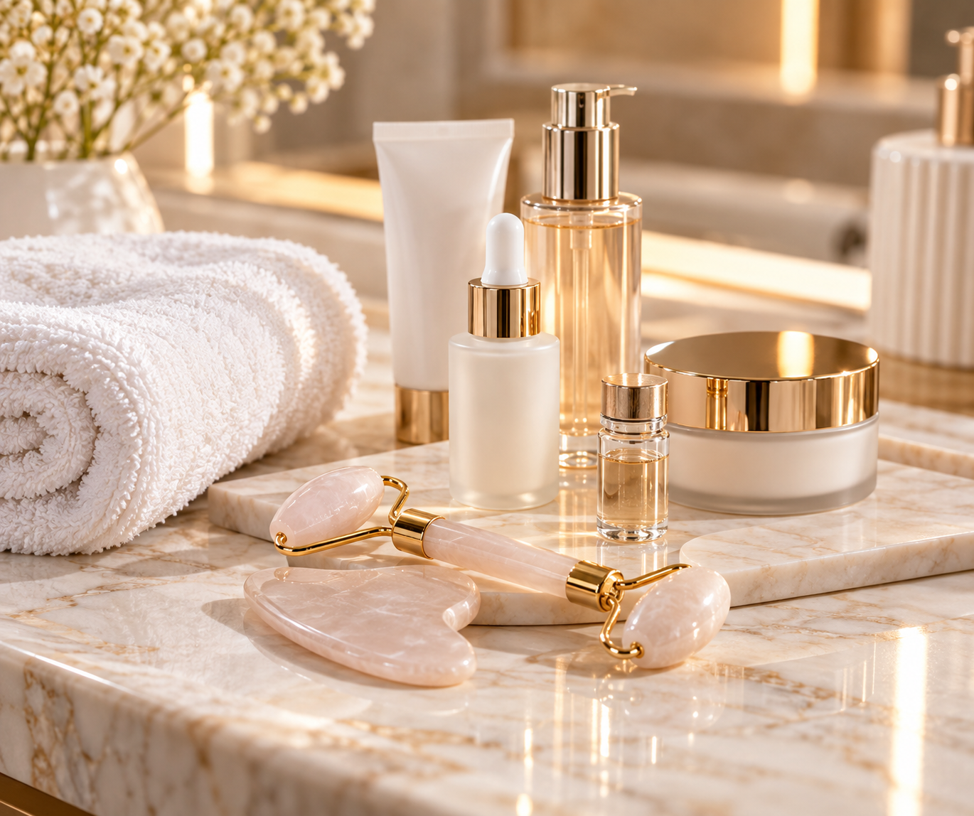 Luxury skincare products and rose quartz facial massage tools at Agamé Beauté