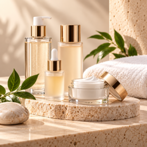 Luxury facial skincare products with cream, serum, and cleanser bottles