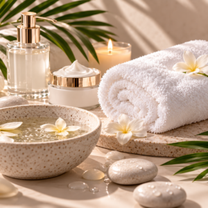 Luxury spa essentials with rolled towel, skincare products, flowers, and smooth stones