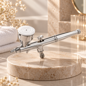 Professional airbrush facial treatment device displayed in a luxury spa setting