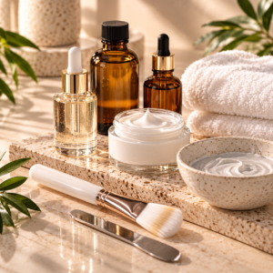 Facial treatment creams, serums, and professional skincare brush for spa treatments