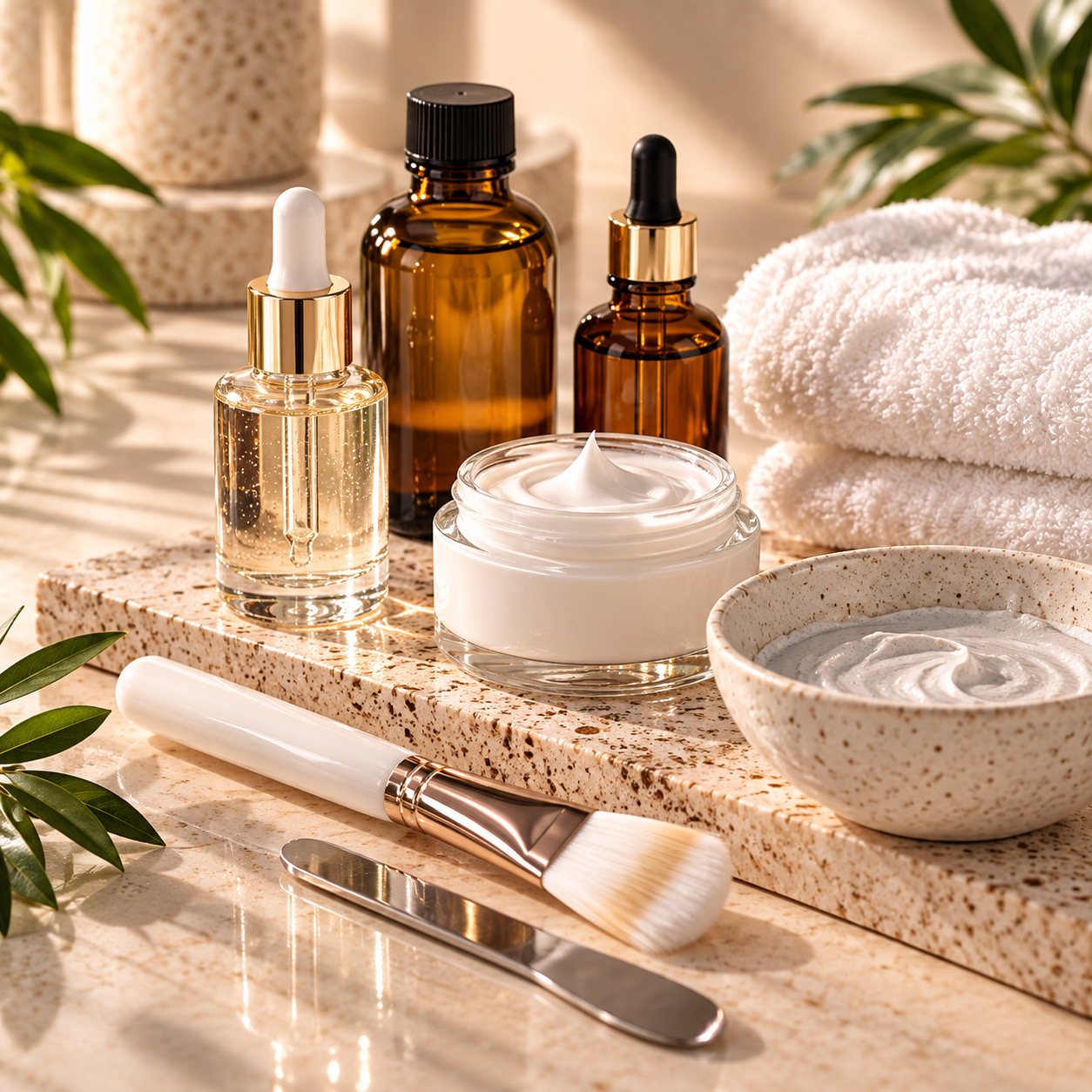 Facial treatment creams, serums, and professional skincare brush for spa treatments