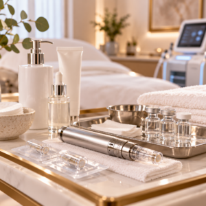Professional skin treatment device and skincare supplies prepared for a facial treatment