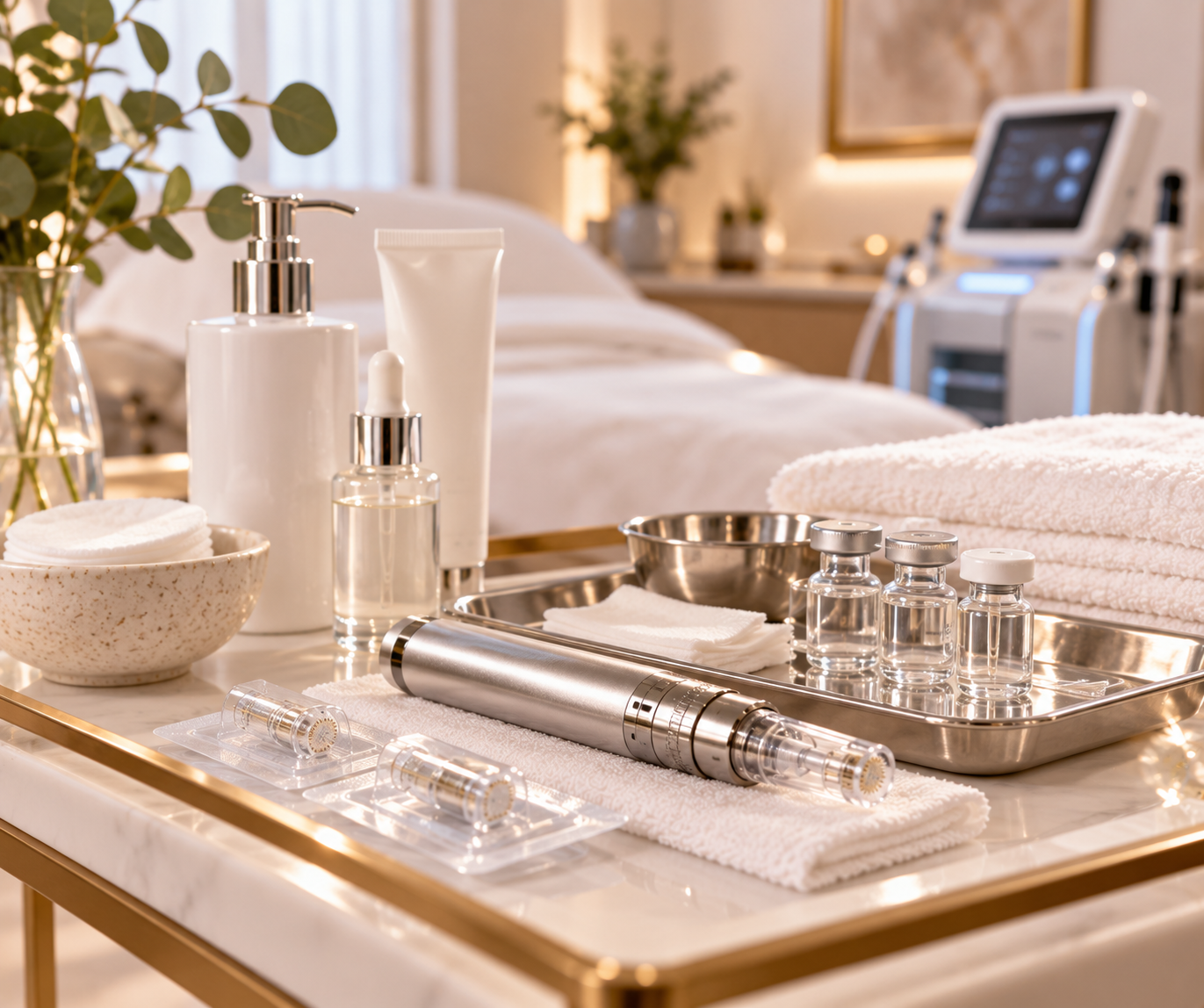Professional skin treatment device and skincare supplies prepared for a facial treatment