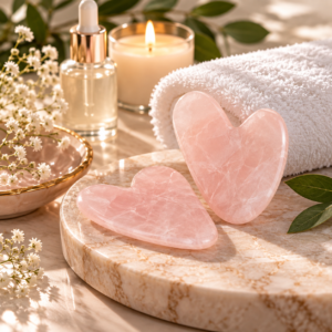 Rose quartz facial massage tools with skincare products and spa essentials