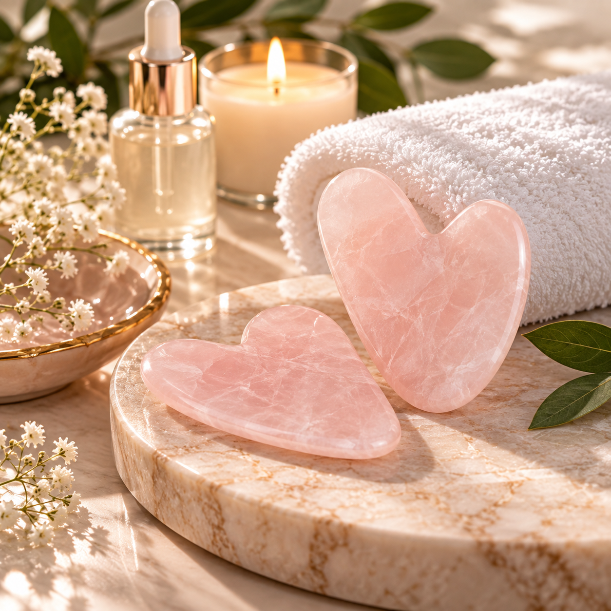 Rose quartz facial massage tools with skincare products and spa essentials