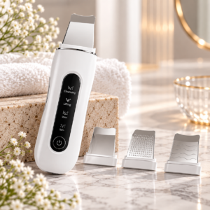 Ultrasonic skin scrubber facial device with interchangeable treatment heads