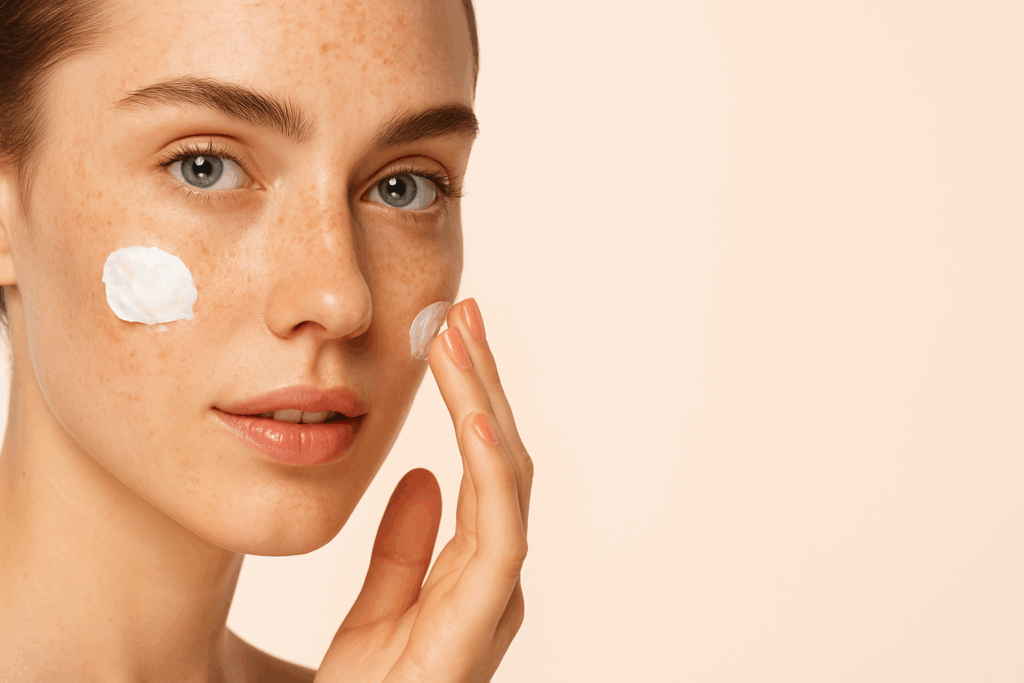 Woman applying moisturizer with a natural glow on her face, promoting skincare products for healthy skin.