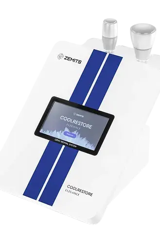 Cryotherapy machine with touchscreen display and dual chambers, branded Zemits CoolRestore Elegance.